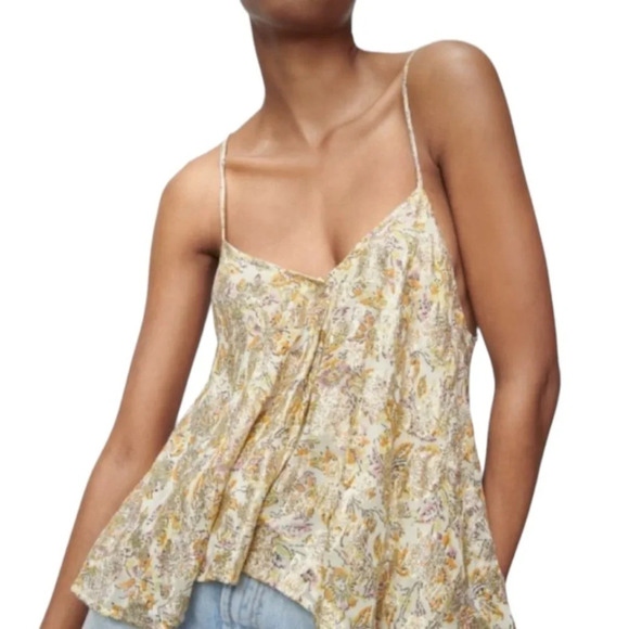 ZARA NWT Metallic Gold Floral Flowy Cami Tank Ivory Spaghetti Strap Coquette L - Picture 1 of 12